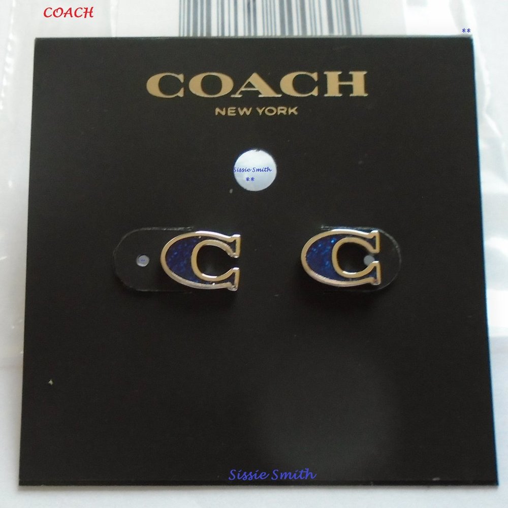 Coach Signature Blue Glitter Enamel Stud Earrings